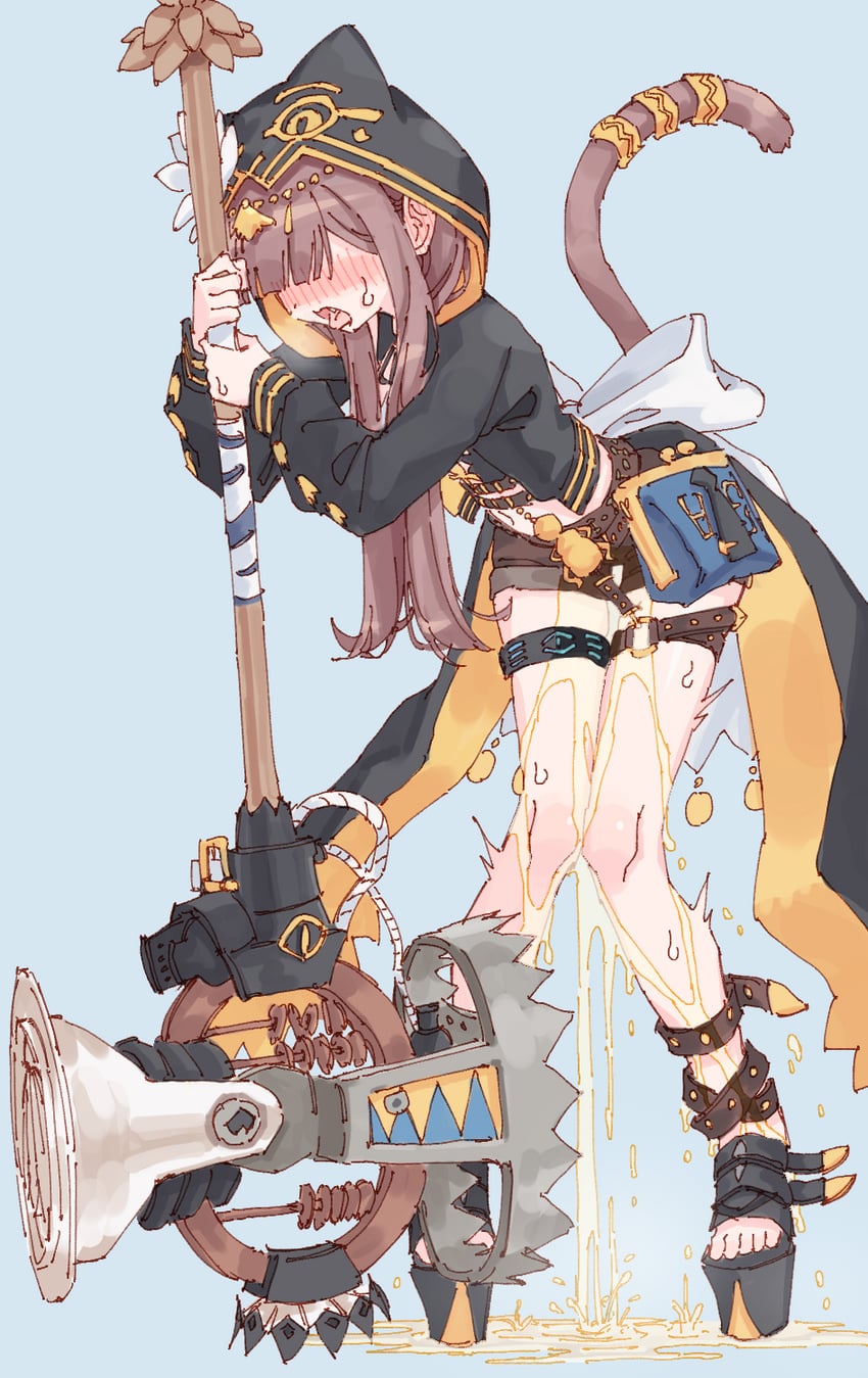 1girls arknights blush cat_ears cat_tail hammer intense_blushing jacket looking_pleasured pee_puddle peeing peeing_self pepe_(arknights) puddle relief rune_(dualhart) shorts weapon wetting wetting_self