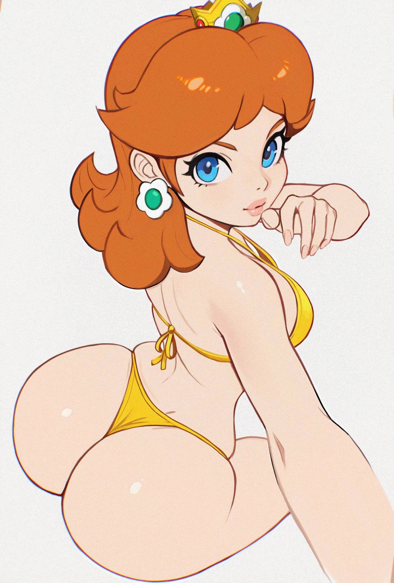 1girls, ass, ass focus, bikini, bikini bottom, bikini top, bimbo, blue eyes, bra, brown hair, clothing, crown, eyelashes, fat ass, female, female only, flower earrings, human, light skin, light-skinned female, looking at viewer, mario (series), mature, mature female, mewmirth, nintendo, orange hair, pale skin, pale-skinned female, panties, princess, princess daisy, royalty, sitting, solo, solo female, thick ass, thong, voluptuous, voluptuous female, white background