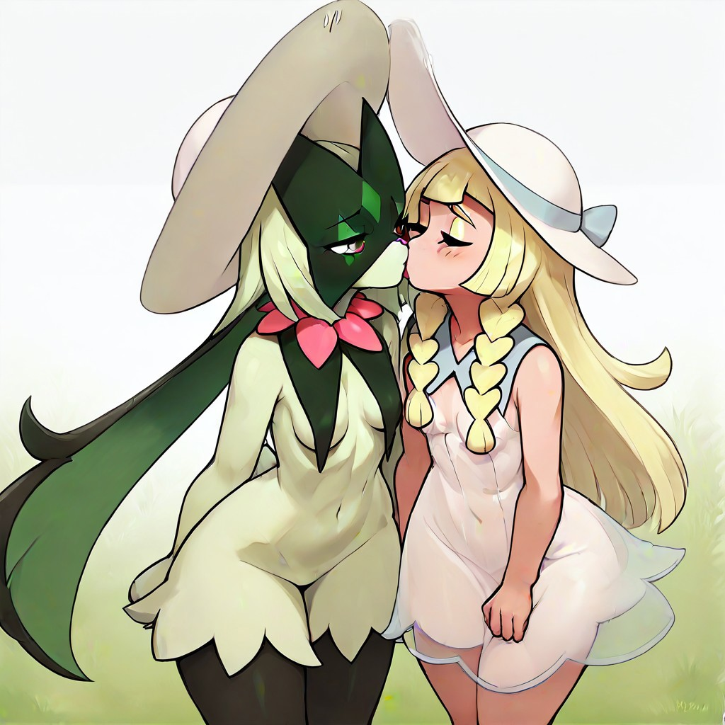 2girls ai_generated kissing lillie_(pokemon) making_out meowscarada pokémon_(species) pokemon pokemon_(species) yuri