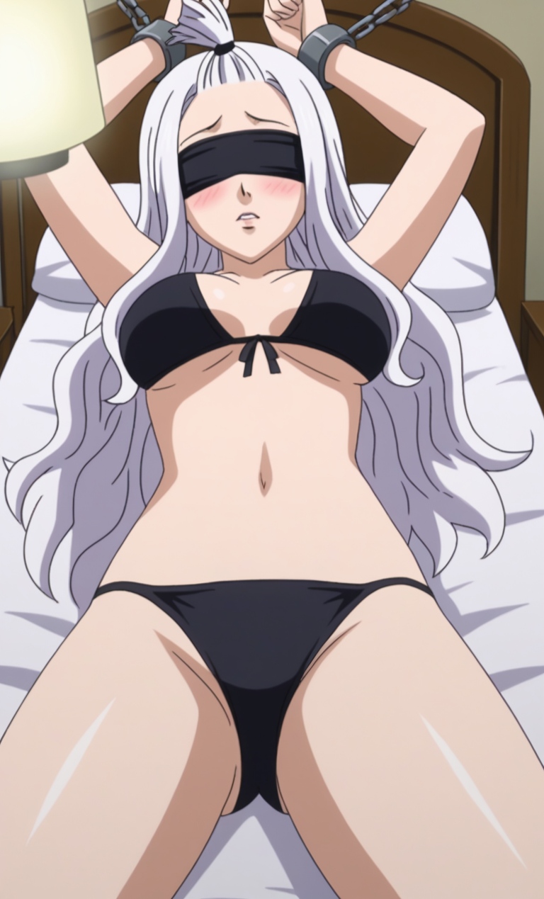 bdsm bed bedroom bikini black_bikini blindfold blush bondage bound bound_to_bed bound_wrists chained_wrists domination fairy_tail femsub kidnapped lamp mirajane_strauss on_back on_bed pov pov_crotch punishment spread_arms spread_legs spreading tagme tied_to_bed tied_up white_hair