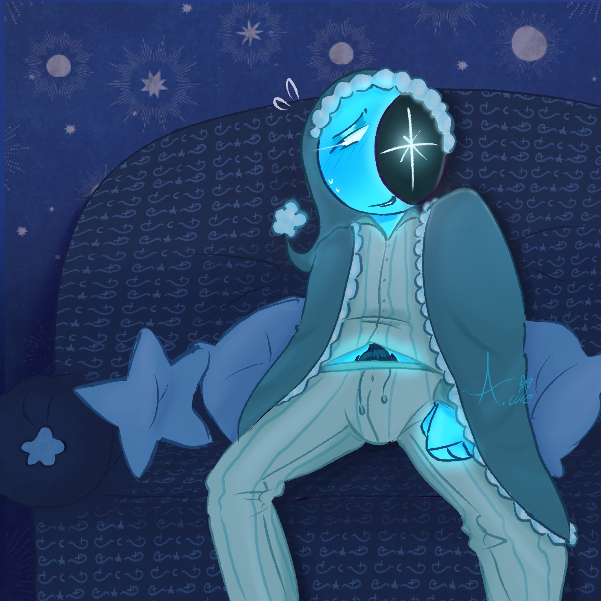 artist request, astro (dandy's world), blush, boner, couch sitting, dandy's world, moonlight, pajamas, pubes exposed, robe, roblox, sweat