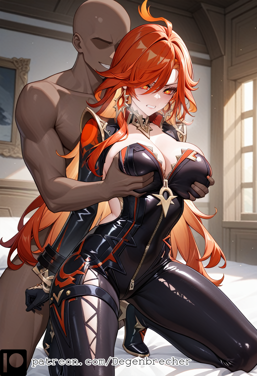 1girls ai_generated black_bodysuit black_gloves cleavage dark-skinned_male defeated degenbrecher genshin_impact grabbing_breasts long_hair long_sleeves mavuika_(genshin_impact) patreon patreon_username red_hair subscribestar subscribestar_username