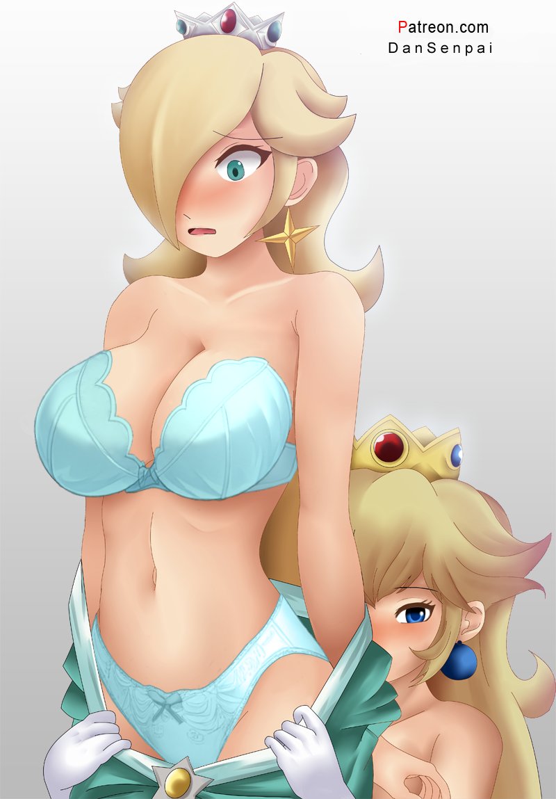 2d 2d_(artwork) 2girls assisted_exposure belly_button big_breasts blonde_hair blue_bra blue_eyes blue_panties blue_underwear blush bow bow_bra bow_panties bra breasts cleavage clothing crown dress dress_pull embarrassed female female_only females_only gloves grey_background hair_over_one_eye large_breasts long_hair looking_at_viewer looking_down mario_(series) multiple_girls nidavellirstudios nintendo panties pearl_earrings princess_peach princess_rosalina pulling_down_dress simple_background standing star_earrings strapless_bra super_mario_galaxy surprised surprised_look thin_female thin_waist underwear