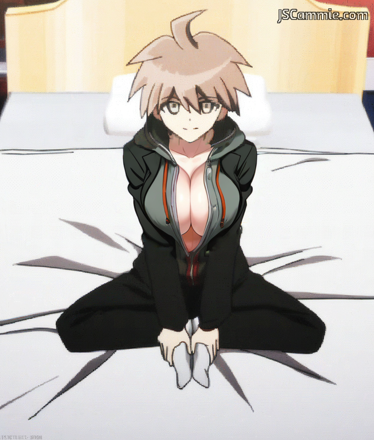 1girl 1girls ahoge ai_edit ai_generated alone bed brown_hair cleavage danganronpa danganronpa:_trigger_happy_havoc danganronpa_(series) danganronpa_the_animation edit edited edited_image edited_official_artwork edited_screencap female female_focus female_only fully_clothed genderbent genderswap_(mtf) hoodie hoodie_open huge_breasts jacket jacket_open jscammie legs_together looking_at_viewer makoto_naegi naegi_makoto rule_63 screencap screenshot screenshot_edit short_hair short_hair_female socks solo solo_female solo_focus spiky_hair tagme watermark