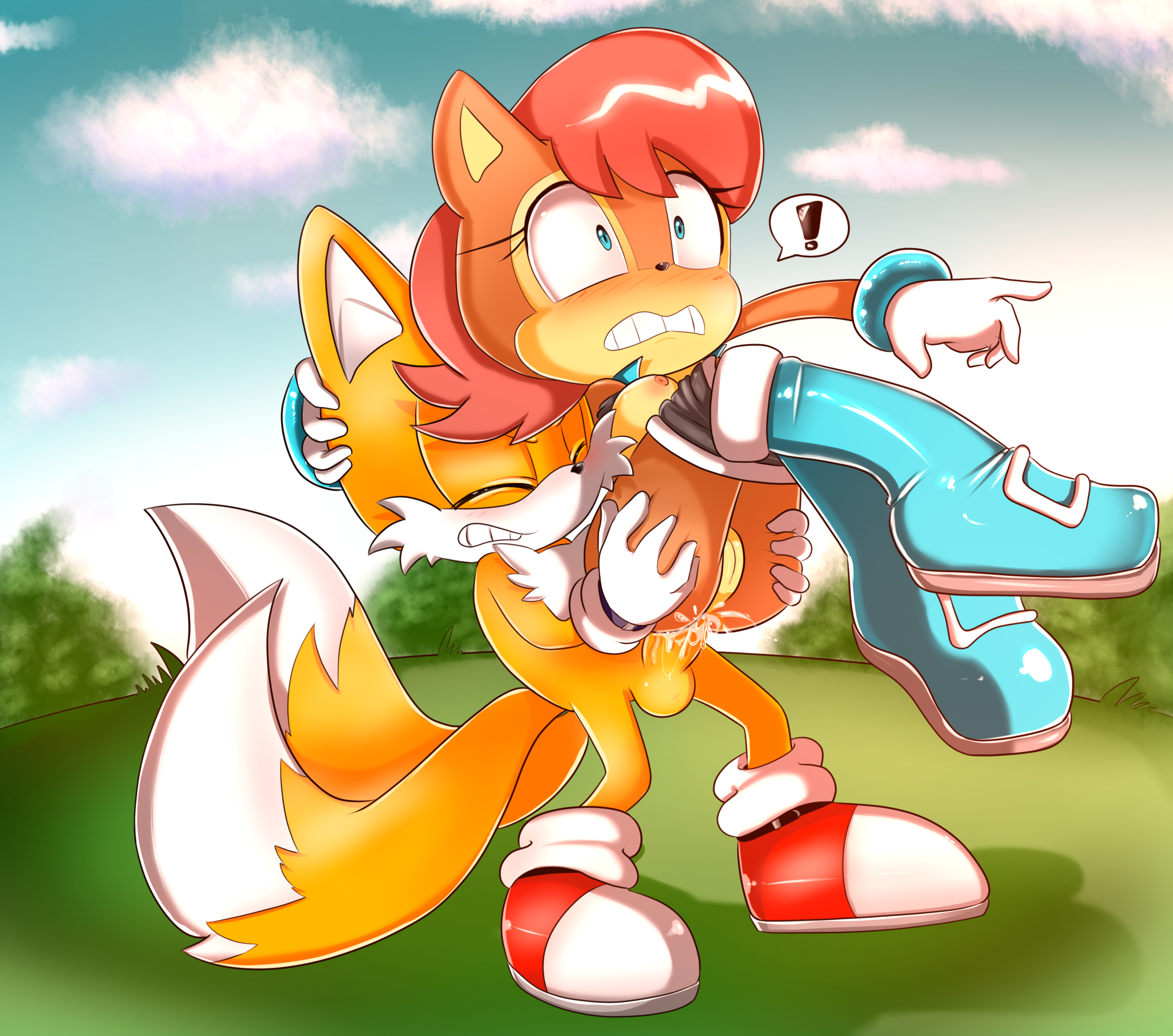 !, 1boy, 1girls, anal, anal penetration, anthro, anthro on anthro, anthro penetrated, anthro penetrating, anthro penetrating anthro, archie comics, ass, auburn hair, blue eyes, blush, bracelet, breasts, brown fur, canine, cfnm, chipmunk, clenched teeth, closed eyes, clothed, clothed female, clothed female nude male, clothing, cum, cum in ass, cum inside, day, duo, duo focus, ejaculation, exposed torso, female, female penetrated, footwear, fox, functionally nude, fur, furry, furry only, gloves, hand on another's head, hand on head, handwear, hearlesssoul, male, male penetrating, mammal, mostly nude, naked gloves, naked shoes, nipples, nude, nude male, outdoors, outside, penetration, penile, penile penetration, penis, pussy, rodent, sally acorn, sega, shoes, sonic (series), sonic the hedgehog (archie), sonic the hedgehog (comics), sonic the hedgehog (series), standing, straight, surprise anal, surprised, tail, tails, tails the fox, tan fur, white fur, white gloves, white handwear, yellow fur