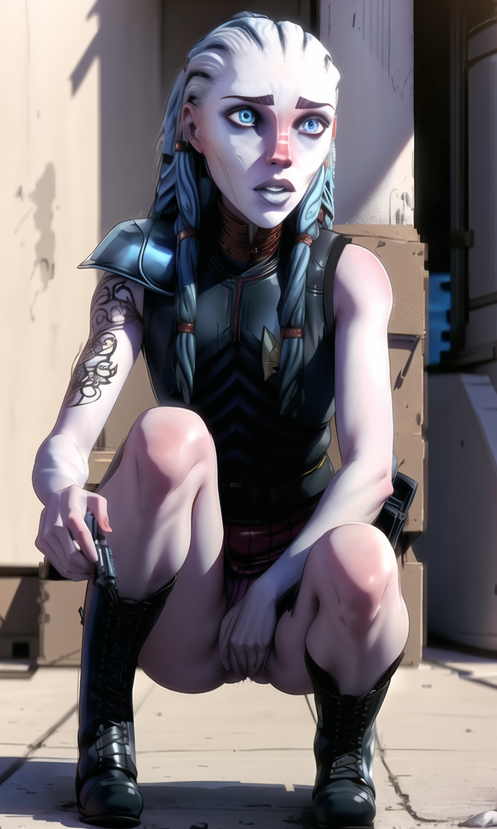 ai_generated alien alien_girl alien_humanoid blue_eyes braided_hair crouching fingering grey_skin gwyndala partially_clothed skinny star_trek star_trek_prodigy tattoo vau_n'akat_(species)