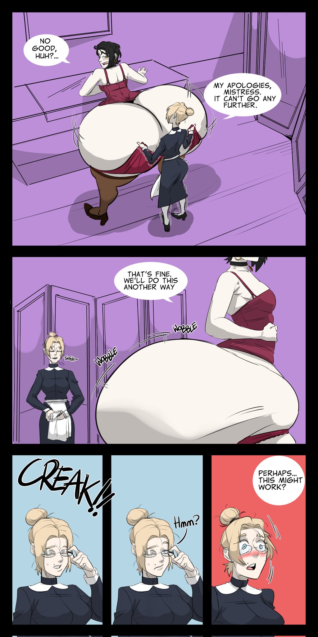 2girls bedroom black_hair blonde_hair esmeralda_(kirathepenguin) getting_dressed hyper_ass jiggling_ass kirathepenguin larger_female maid pale_skin small_breasts smaller_female struggling underwear