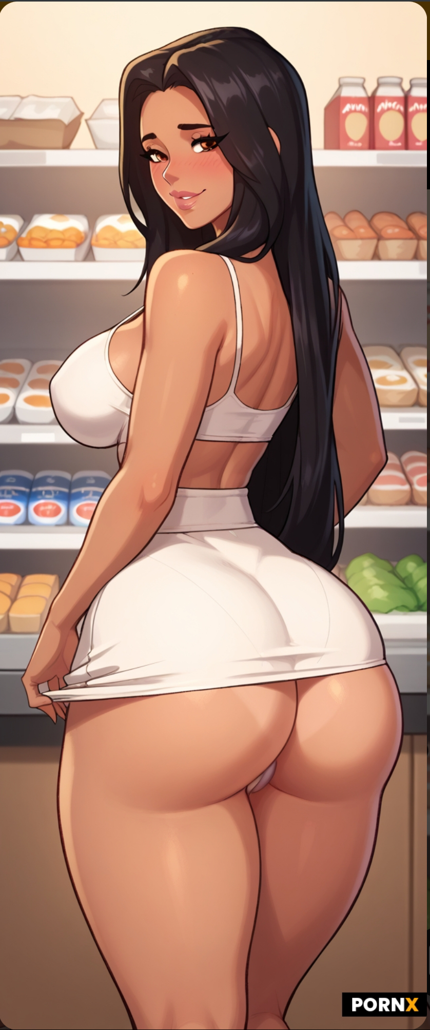 ai_generated ass ass_exposed ass_focus crop_top dat_ass embarrassed embarrassed_female fat_ass grocery_shopping grocery_store half-naked milf miniskirt mother n_1611 pussy_lips sluts slutty_clothing tight tight_clothes tight_clothing tight_pussy