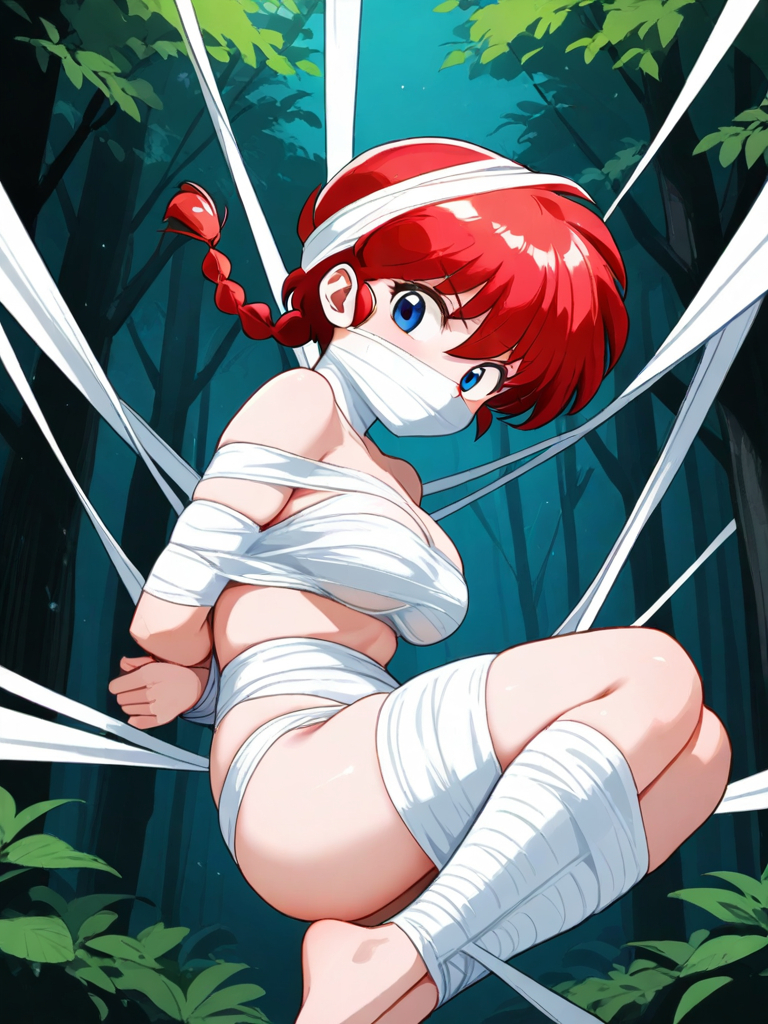 ai_generated arms_behind_back barefoot blue_eyes character_request female female_only gag nude ranma_1/2 red_hair spiderweb web web_bondage webbed