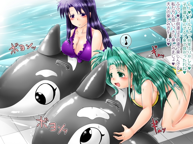 2girls bikini blush breasts genzaburoh green_eyes green_hair inflatable_toy inflatable_whale large_breasts lindy_harlaown lyrical_nanoha mahou_shoujo_lyrical_nanoha multiple_girls musical_note open_mouth poolside precia_testarossa purple_bikini purple_eyes purple_hair riding spoken_musical_note swimsuit text translation_request water yellow_bikini