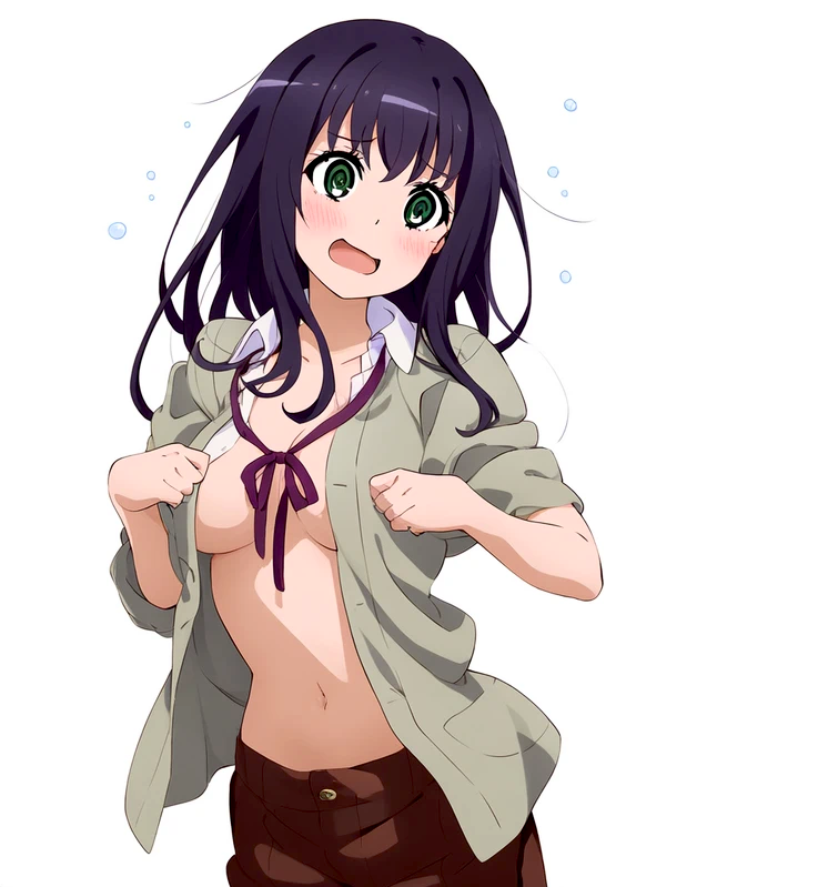 1girls ai_generated belly_button black_hair light-skinned_female light_skin looking_at_viewer midriff navel open_clothes open_shirt saten_ruiko solo to_aru_majutsu_no_index