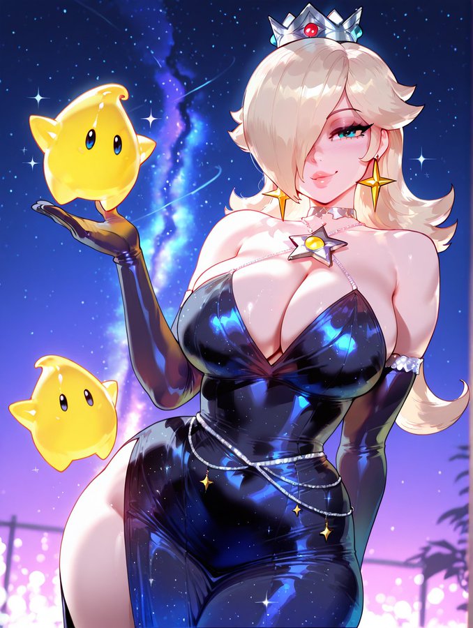 1girls ai_generated ass blonde_hair blue_eyes breasts cleavage difuxer dress female female_only hair_over_one_eye high_slit_dress large_ass large_breasts light-skinned_female light_skin mario_(series) princess princess_rosalina side_slit single_slit_dress slit_dress solo solo_female super_mario_bros. super_mario_galaxy wide_hips