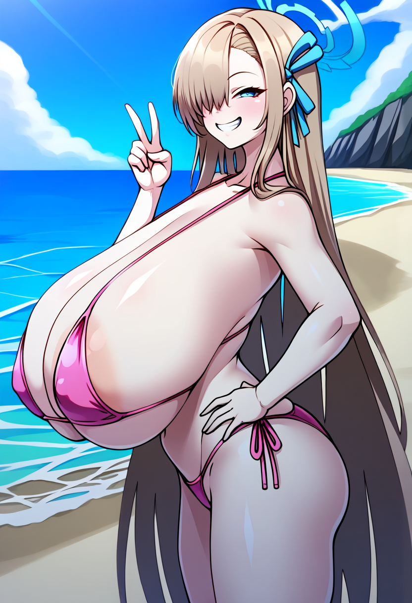 ai_generated areola_slip ass asuna_(blue_archive) beach bikini blue_archive blue_eyes blush breasts covered_nipples female gigantic_breasts grin hair_over_one_eye hair_ribbon halo hand_on_hip konoshige_(style) long_hair looking_at_viewer micro_bikini ocean outdoors pink_bikini ribbon sagging_breasts self_upload shiny_skin side-tie_bikini smile solo swimsuit teeth thighs v very_long_hair