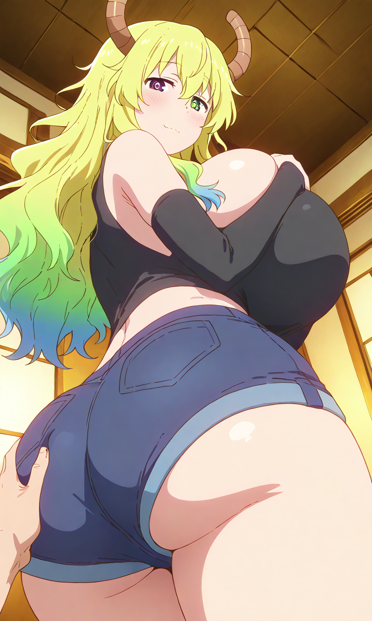 :3 ai_generated ass ass_grab breasts breasts_bigger_than_head dragon dragon_girl enormous_breasts female_only gigantic_breasts grabbing grabbing_ass grabbing_from_behind gradient_hair groping hands_on_breasts happy heterochromia horns huge_ass huge_breasts jean_shorts large_ass looking_at_viewer looking_back_at_viewer looking_down_at_viewer lucoa_(maidragon) massive_breasts miss_kobayashi's_dragon_maid multicolored_hair point_of_view pov quetzalcoatl_(dragon_maid) smile tank_top thick_ass thick_thighs voluptuous