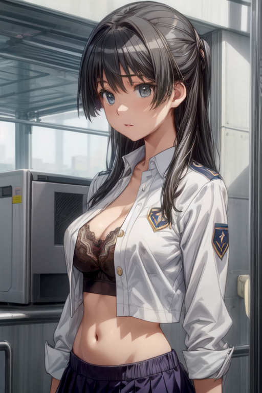 1girls ai_generated belly black_bra black_hair light-skinned_female light_skin midriff navel open_clothes red6161 school_uniform schoolgirl solo solo_female teenage_girl