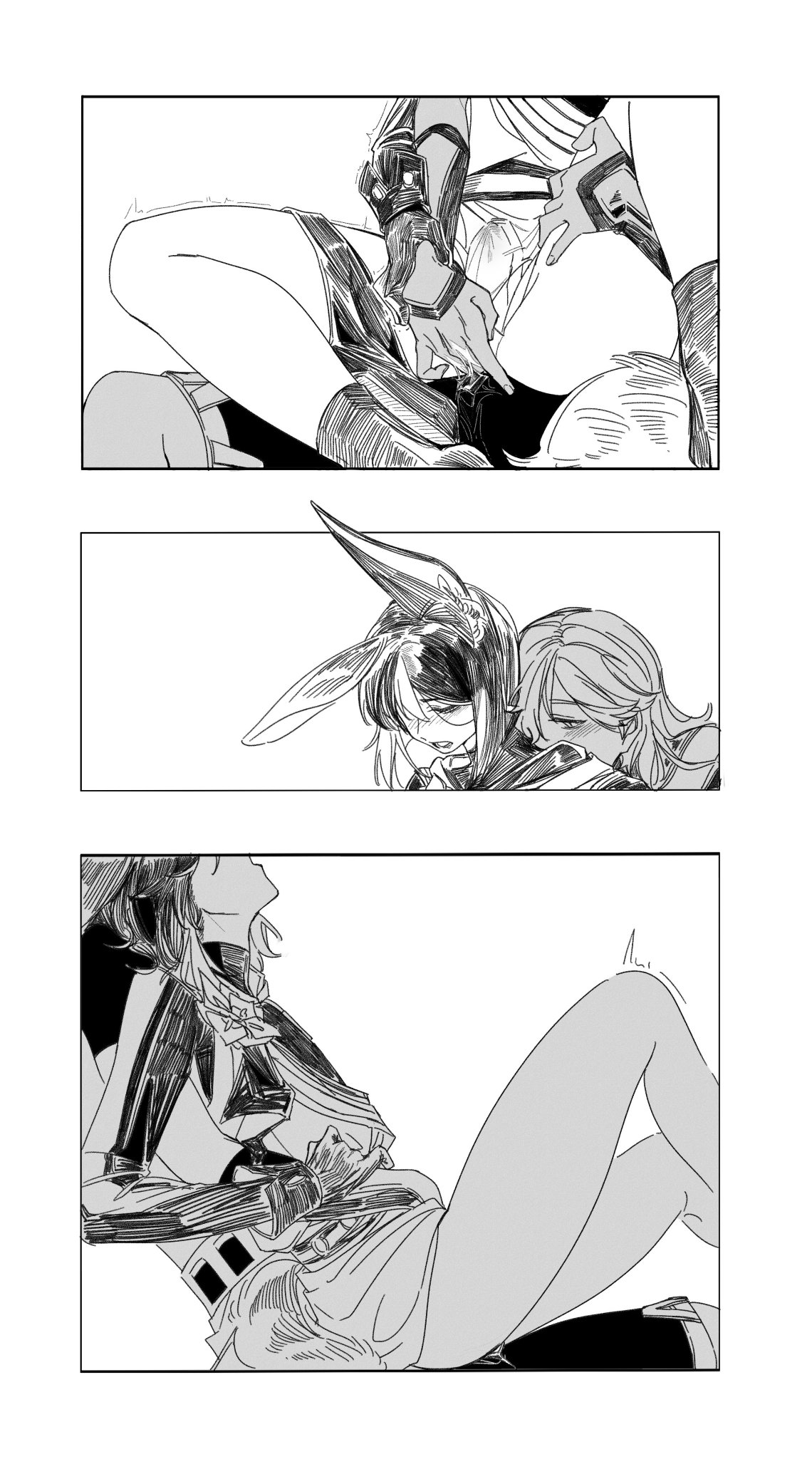 2boys, anal fingering, animal ears, black and white, clothed, comic, cyno (genshin impact), fingering, gay, genshin impact, male, male only, monochrome, multiple boys, no visible genitalia, sitting on lap, tighnari (genshin impact), yaoi