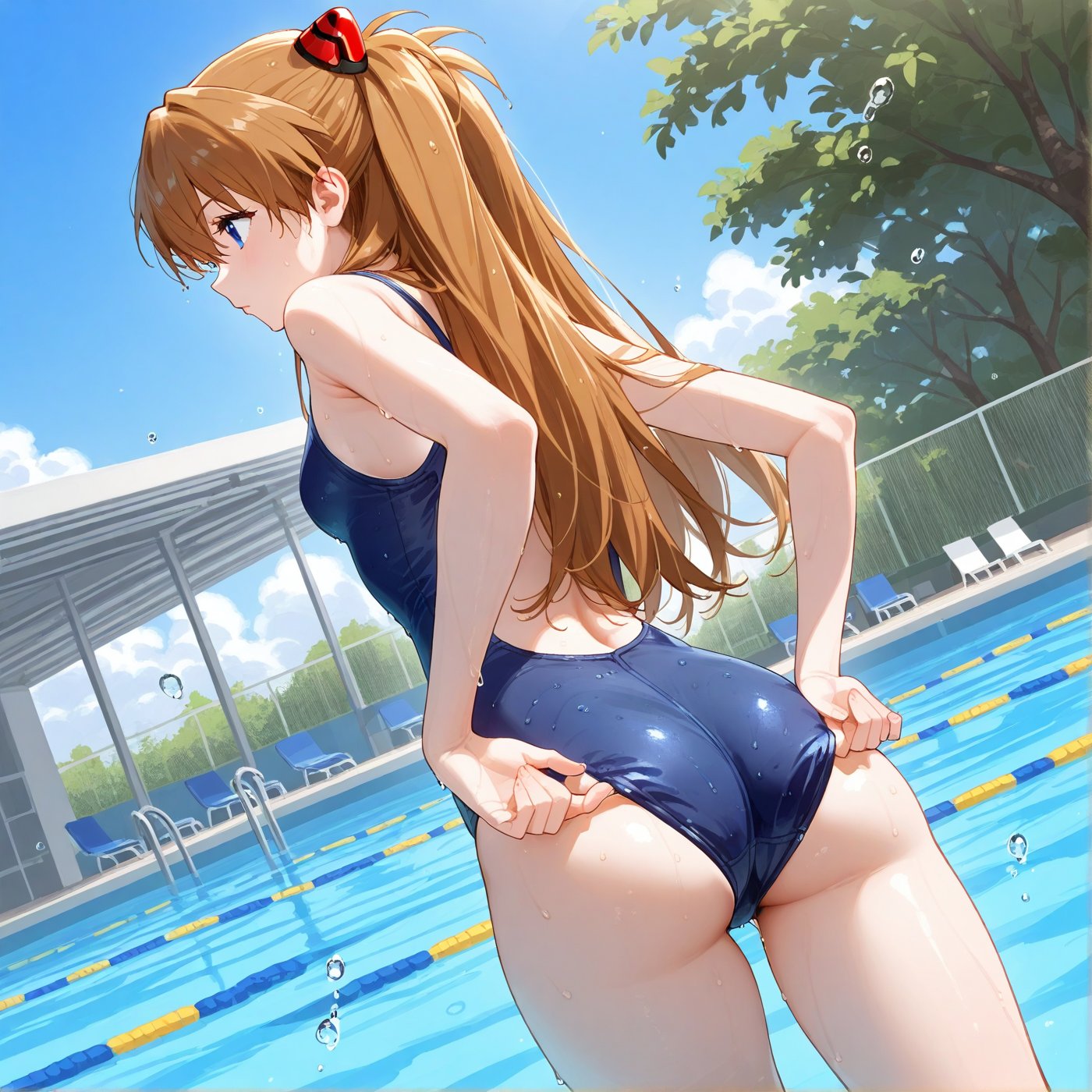 ai generated, asuka langley sohryu, blue eyes, blue one-piece swimsuit, female, neon genesis evangelion, orange hair, sky, swimming pool, tank suit