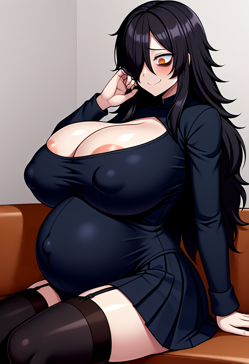 ai_generated areola_slip areolae arm_support bags_under_eyes black_hair black_legwear blush breasts cleavage covered_navel covered_nipples female garter_straps gigantic_breasts hair_over_one_eye incest_pregnancy long_hair long_sleeves orange_eyes original pregnant puffy_nipples self_upload shiny_hair shiny_skin sitting skirt smile solo takaman_(gaffe)_(style) thighhighs thighs