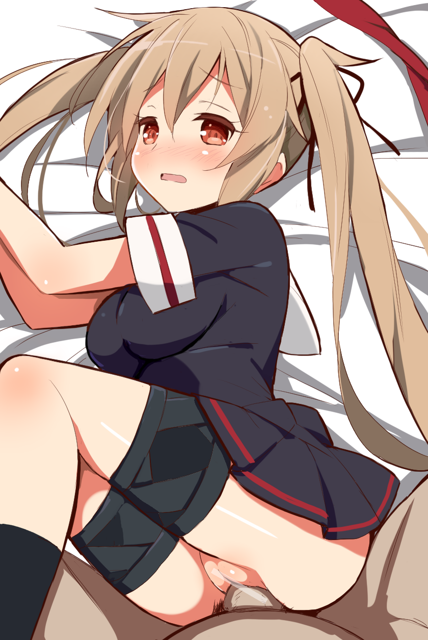 1boy 1girls 9law black_skirt brown_hair censored clothed_sex clothing female highres kantai_collection legs_together long_hair male murasame_(kantai_collection) open_mouth penetration penis pointless_censoring pussy red_eyes school_uniform serafuku sex shirt skirt skirt_lift solo_focus straight tied_hair twintails vaginal_penetration