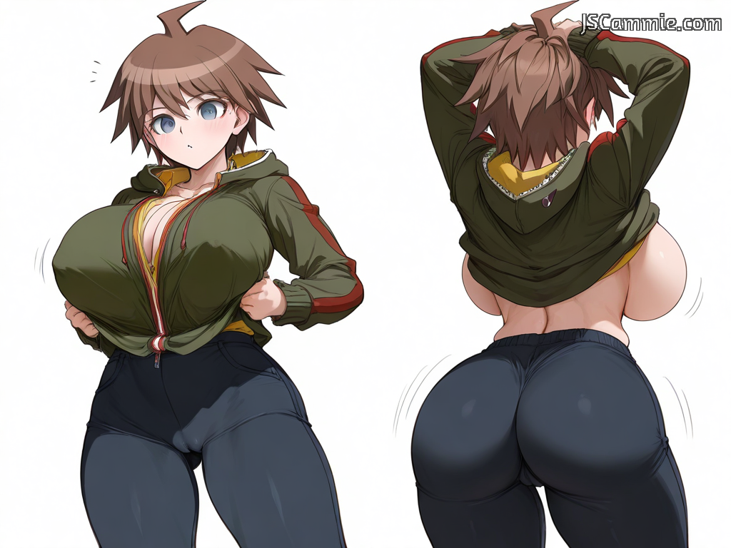 1girls ahoge ai_generated ass_bigger_than_head blue_eyes blue_eyes_female blush blushing_female breasts_bigger_than_head breasts_out brown_hair brown_hair_female cameltoe danganronpa danganronpa:_trigger_happy_havoc danganronpa_(series) danganronpa_1 eyelashes faint_blush female female_focus female_only from_behind from_front genderbent genderswap_(mtf) huge_ass huge_breasts jscammie lifting_clothing looking_down makoto_naegi motion_lines naegi_makoto nipple_outline no_bra removing_clothing rule_63 short_hair short_hair_female solo solo_female solo_focus spiky_hair sweatdrop thick_thighs tight_clothes tight_clothing two_perspectives watermark white_background