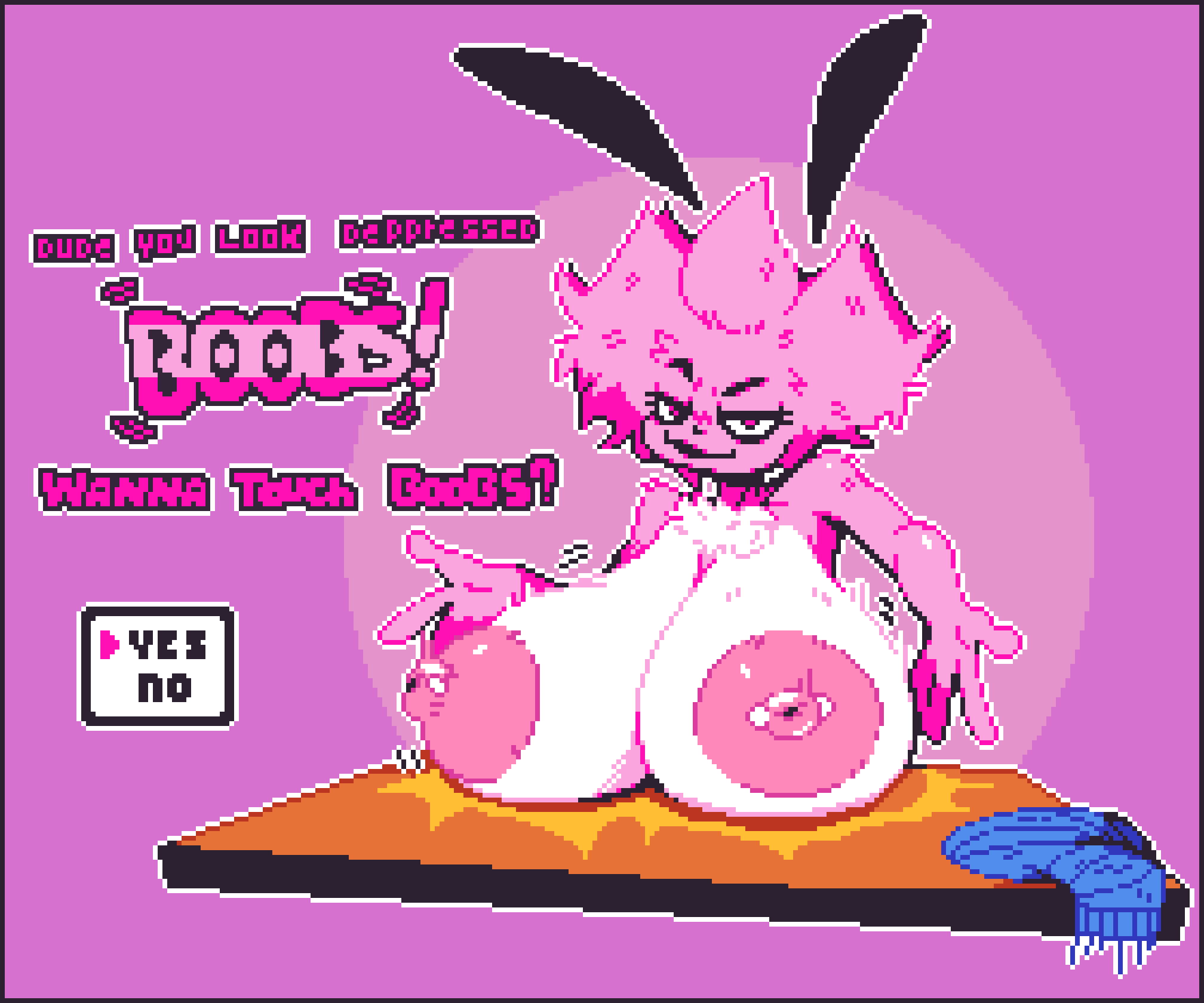 1girls 2020s 2024 alternate_breast_size bedroom_eyes big_breasts blue_scarf breasts breasts_out bunny_ears bunny_girl dialogue ditchu_(oc) english_text female female_only furry large_breasts looking_at_viewer naked nipple_piercing nude pink_fur pink_hair pixel_art popcatpixel sole_female text white_fur white_hair