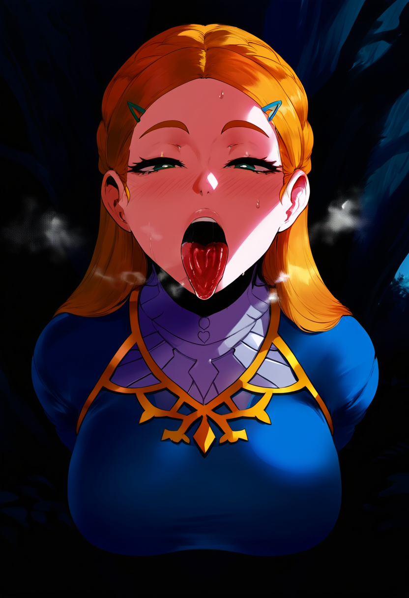 1girls ai_generated aroused blonde_hair blush ene forest heavy_breathing horny horny_female imminent_oral lips naughty_face night nintendo open_mouth outdoors presenting princess_zelda solo sweat the_legend_of_zelda the_legend_of_zelda:_breath_of_the_wild tongue tongue_out upper_teeth waiting