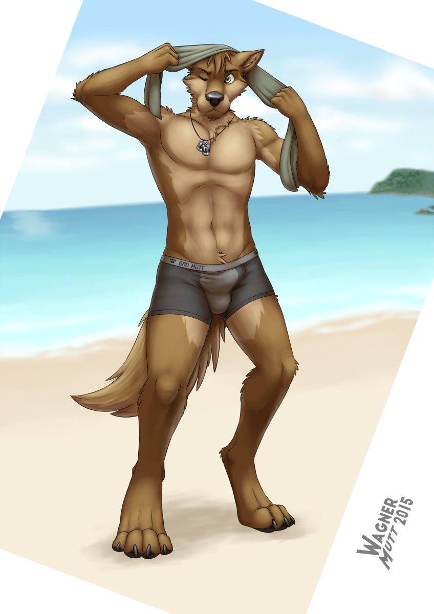 2015 4_toes annoyed anthro arany artist_name athletic athletic_anthro athletic_male barefoot beach black_claws black_nose black_pawpads blurred_background boxers_(clothing) boxers_only brown_body brown_fur bulge canid canine canis cheek_tuft chin_tuft claws clothed clothing cloud day depth_of_field detailed_bulge digitigrade dog_tags english_text facial_tuft feet fingers fluffy fluffy_tail footprint fur genital_outline green_eyes head_tuft hi_res holding_object holding_towel inner_ear_fluff looking_at_viewer male mammal multicolored_body multicolored_fur navel neck_tuft one_eye_closed outside pawpads pawprint pawprint_clothing paws pecs sand sea shaded signature sky soft_shading solo standing tail tan_body tan_fur text toe_claws toes topless towel tuft two_tone_body two_tone_fur underwear underwear_only wagnermutt water wide_eyed wolf