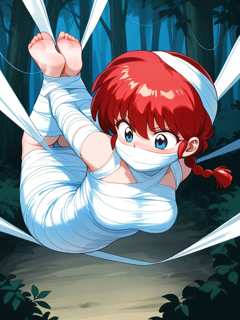 ai_generated arms_behind_back barefoot blue_eyes female female_only gag nude ranma-chan ranma_1/2 ranma_saotome red_hair spiderweb web web_bondage webbed