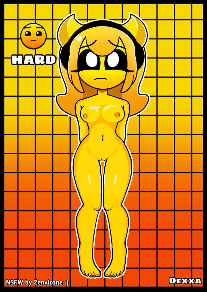 black_eyes breasts dexxa geometry_dash hard_(geometry_dash) headphones horns pussy worried yellow_body yellow_hair