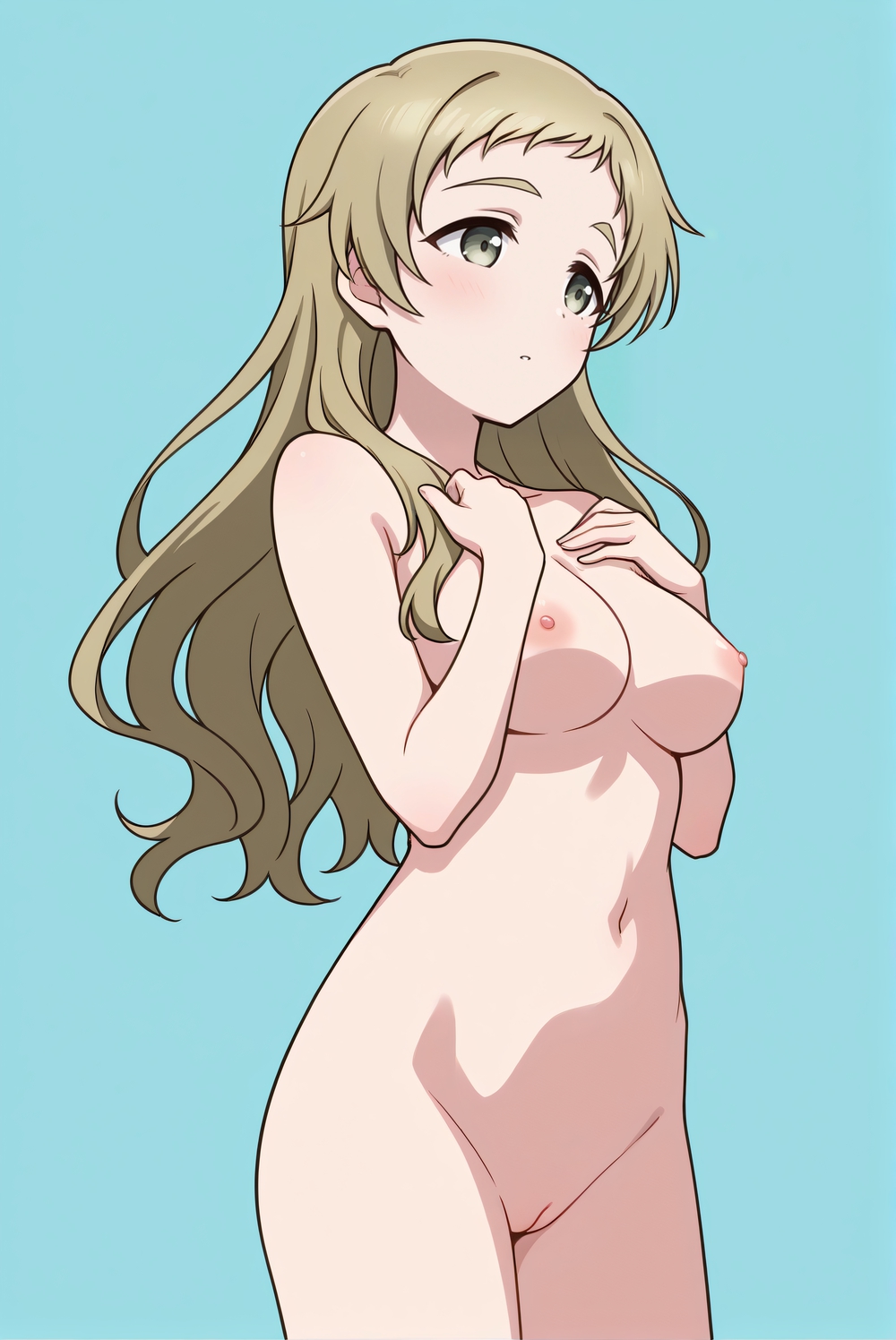 1girls ai_generated aizawa_yuu_(love_live!) blue_background blush breasts cleft_of_venus collarbone comfyui completely_nude cowboy_shot female female_only green_eyes hands_on_own_chest hands_up illustrious_(stable_diffusion) light_blush light_brown_hair long_hair love_live! love_live!_school_idol_festival medium_breasts milua navel nipples nude nude_female parted_lips pussy self_upload simple_background solo solo_female standing uncensored wavy_hair