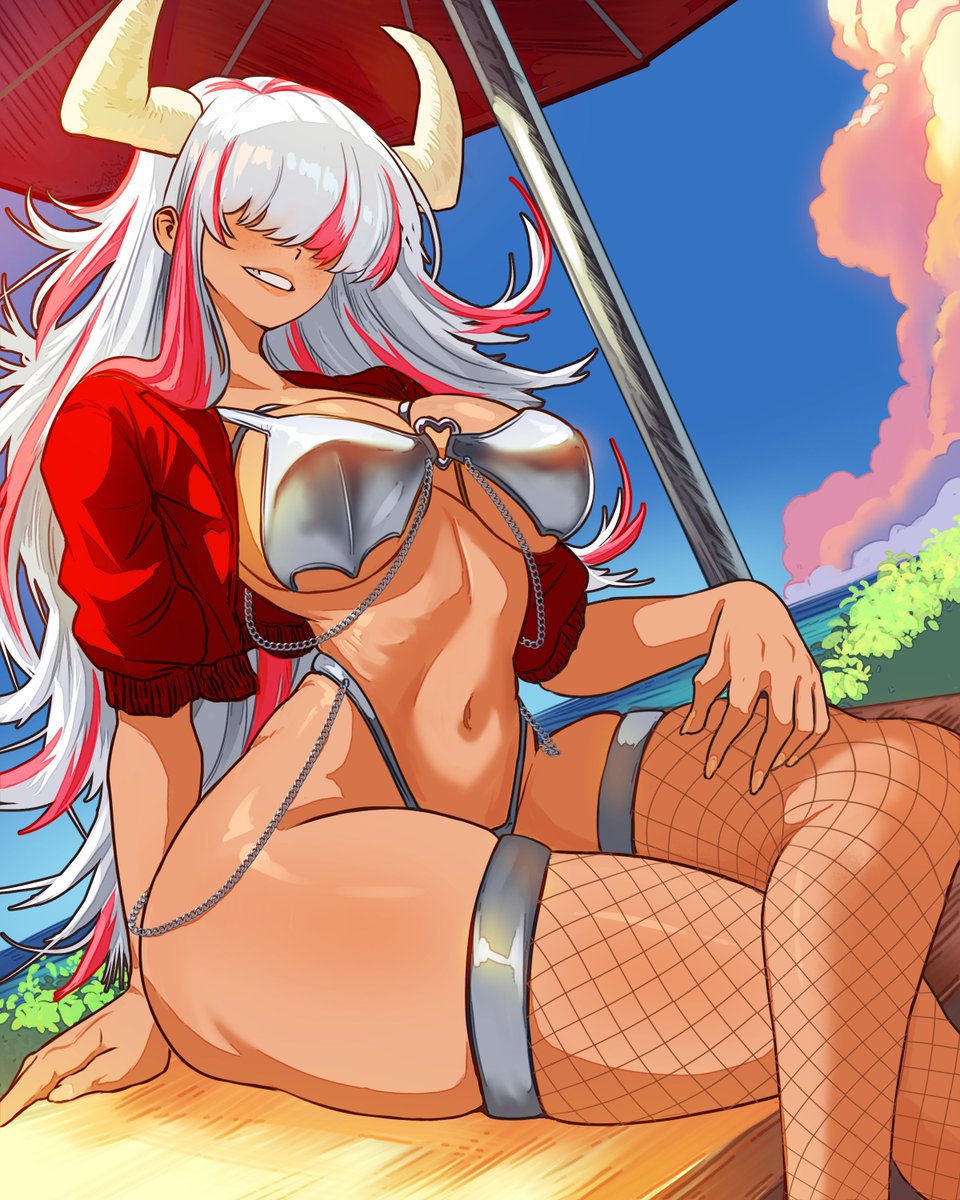1girls, big breasts, bikini, blush, breasts, commission, cropped jacket, crossed legs, female, fishnet legwear, fishnet stockings, fishnets, hair over eyes, highleg, horns, large breasts, long hair, looking at viewer, navel, o-ring bikini, o-ring top, original, pink hair, silver bikini, skindentation, solo, streaked hair, summer, swimsuit, thick thighs, two-tone hair, underboob, vlizz, white hair
