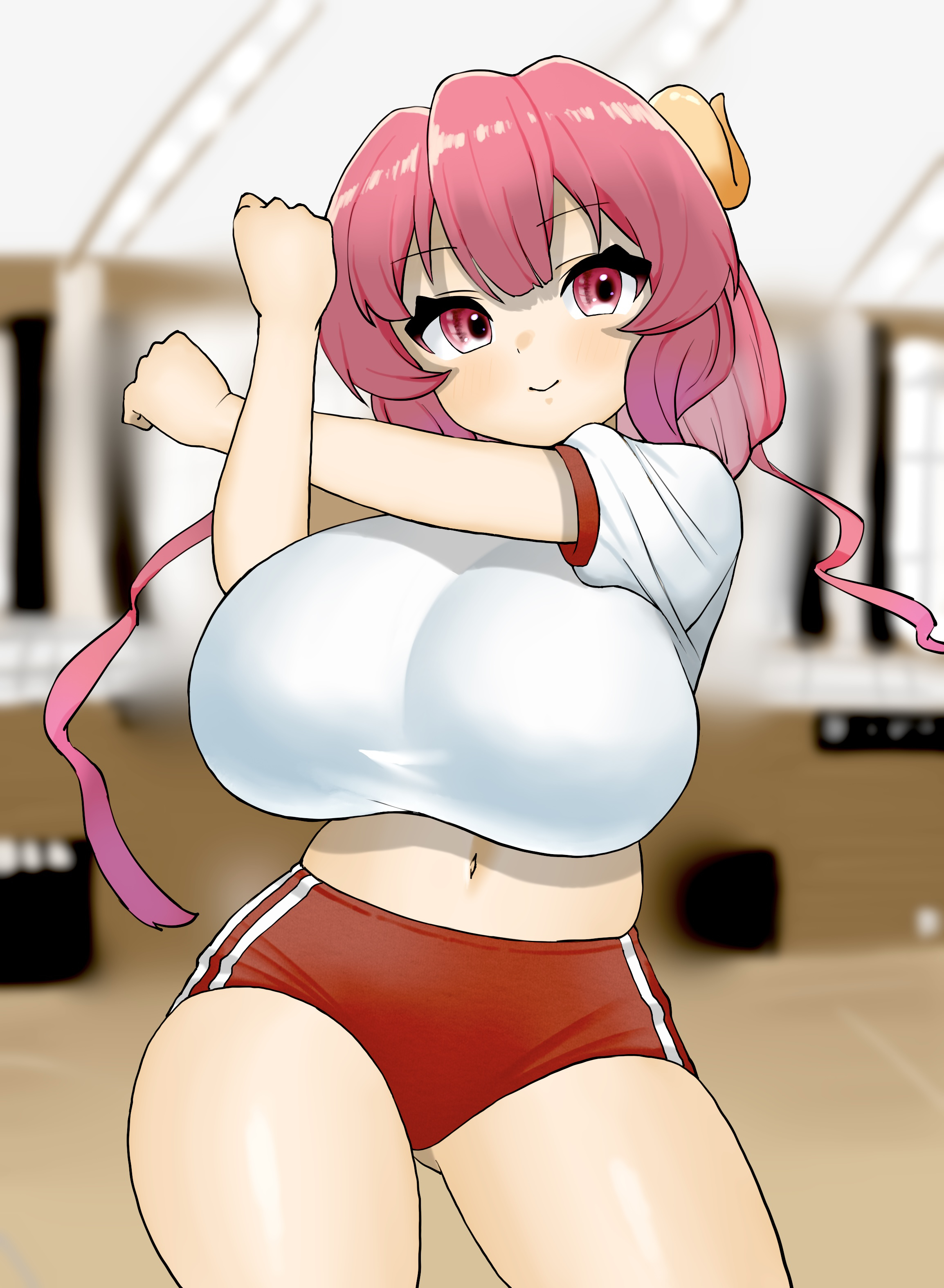 1girls, big breasts, blush, breasts, buruma, clothed, clothing, female, female focus, female only, gym clothes, horns, huge breasts, ilulu (dragon maid), indoors, large breasts, light skin, light-skinned female, looking at viewer, midriff, mik4, miss kobayashi's dragon maid, navel, pink eyes, pink hair, shirt, short hair, shorts, shortstack, solo, solo female, solo focus, sportswear, thick thighs, thighs