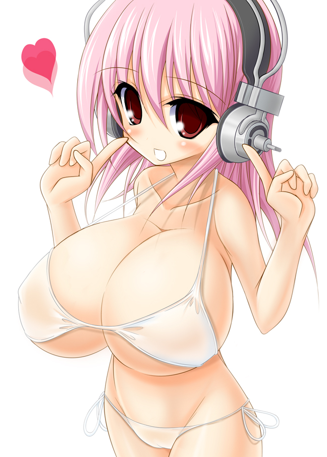 1girls breasts headphones heart huge_breasts medium_hair miteinano pink_hair solo_focus sonico super_sonico white_bikini