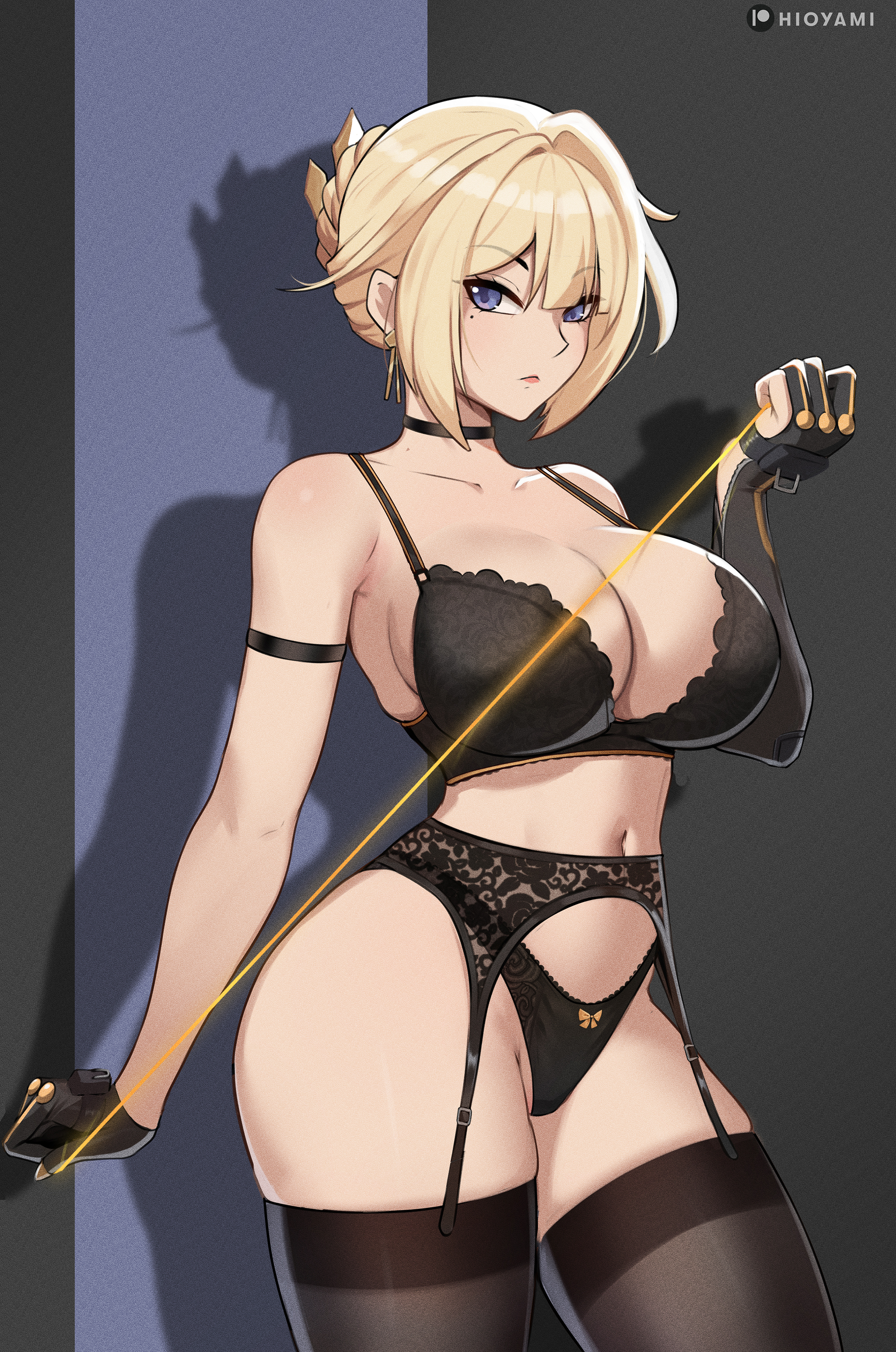 1girls, artist name, beauty mark, big breasts, blonde hair, breasts, closed mouth, evelyn chevalier, female, female only, garter straps, gloves, hioyami, hoyoverse, light skin, light-skinned female, lingerie, mihoyo, mihoyo technology (shanghai) co. ltd., mole, mole under eye, panties, purple eyes, solo, stars of lyra, stockings, zenless zone zero