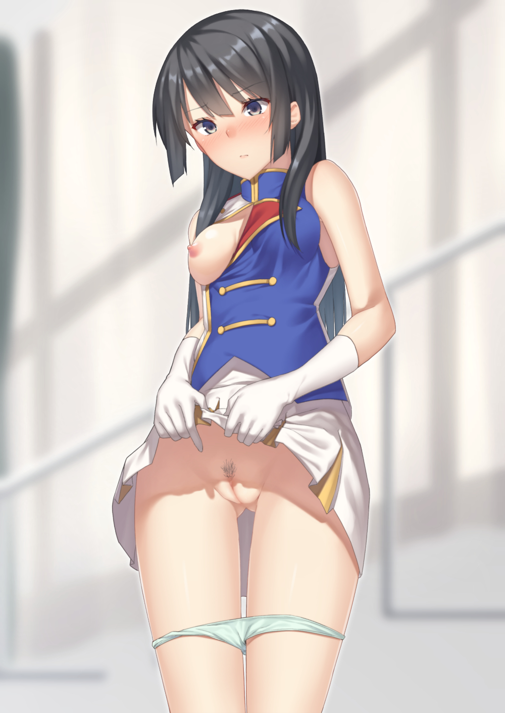 band_uniform black_hair blush breasts clothing elbow_gloves female gloves hibike!_euphonium highres kousaka_reina labia long_hair medium_breasts mikazuchi_zeus nipples panties panty_pull pubic_hair purple_eyes pussy skirt skirt_lift sleeveless solo uncensored underwear