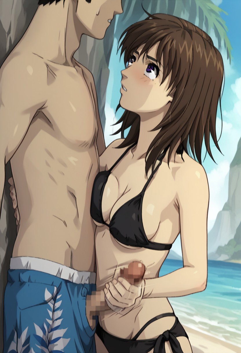 ai_generated beach black_bikini breast_press brown_hair female handjob initial_d kyoko_iwase looking_at_another looking_up medium_breasts medium_hair motion motion_blur penis purple_eyes standing standing_breast_press_handjob testicles