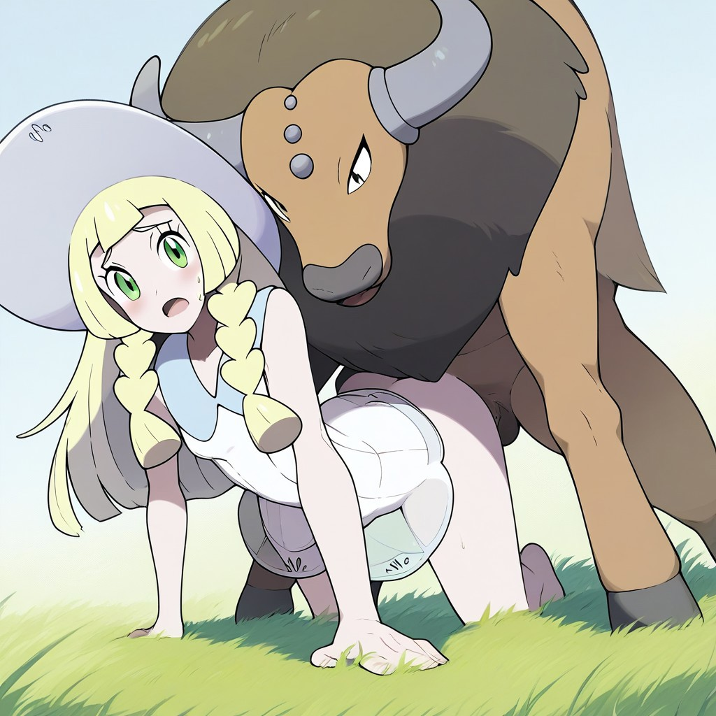 ai_generated female_penetrated lillie_(pokemon) male/female male_pokemon/female_human pokemon pokemon_(species) small_breasts tauros