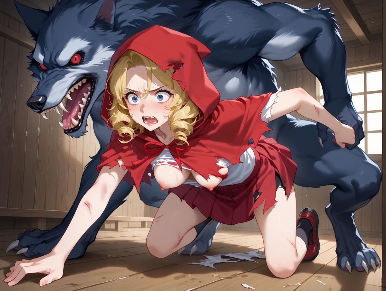 ai_generated all_fours anthro blonde_hair breasts breasts_out breasts_out_of_clothes cloak historyia hood imminent_rape little_red_riding_hood on_floor original original_character revealing_breasts teenage_girl torn_clothes wolf younger_female