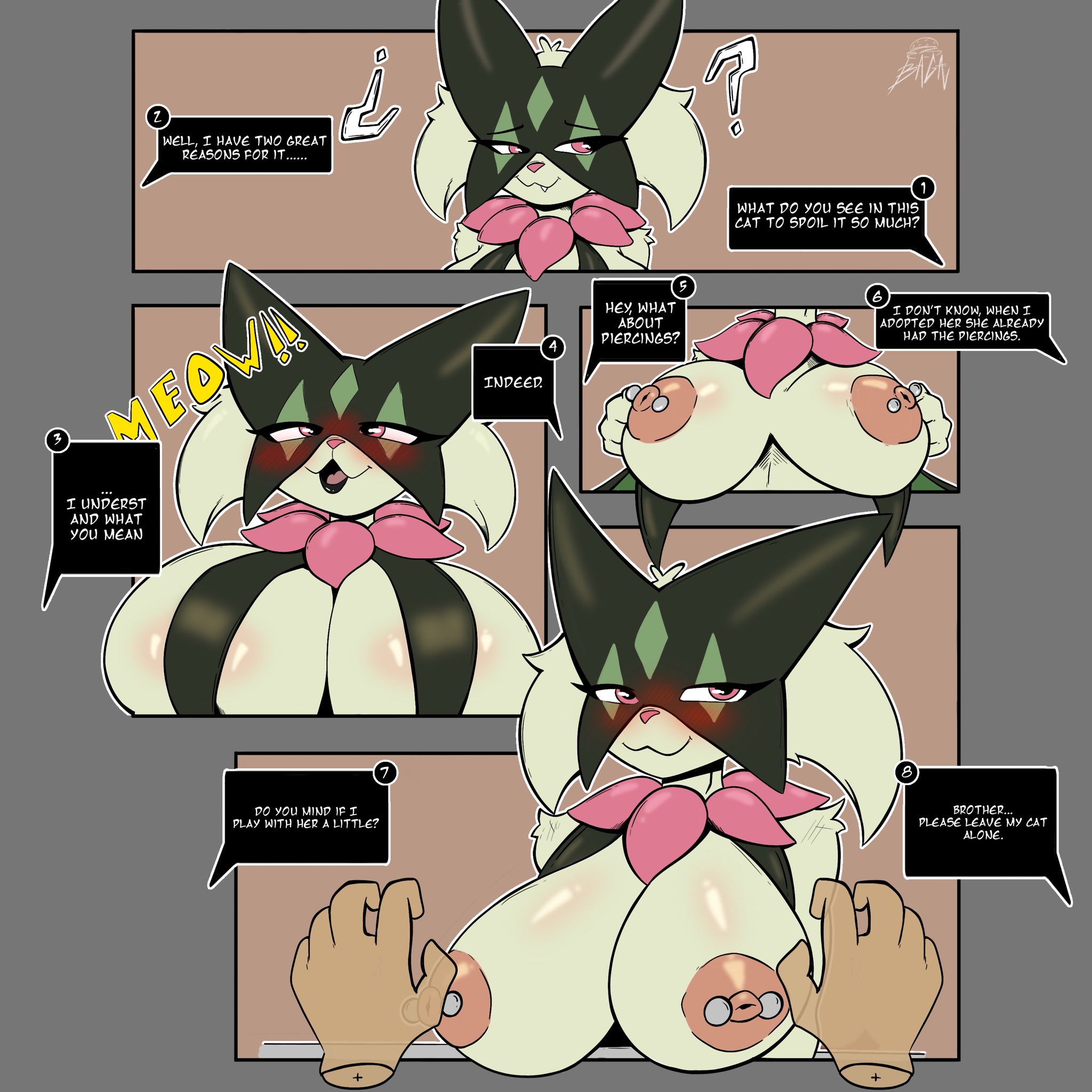 anthro, breasts, comic, female, generation 9 pokemon, hambusan, hi res, meowscarada, nintendo, nipple piercing, nipples, piercing, pokemon, pokemon (species), solo