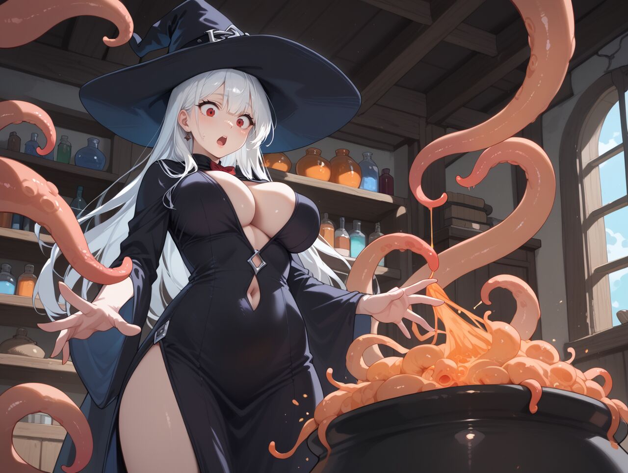 ai_generated big_breasts cauldron cleavage historyia navel navel_window original original_character red_eyes tentacle tentacle thigh_slit thighs tight_clothing tight_dress white_hair witch witch_hat