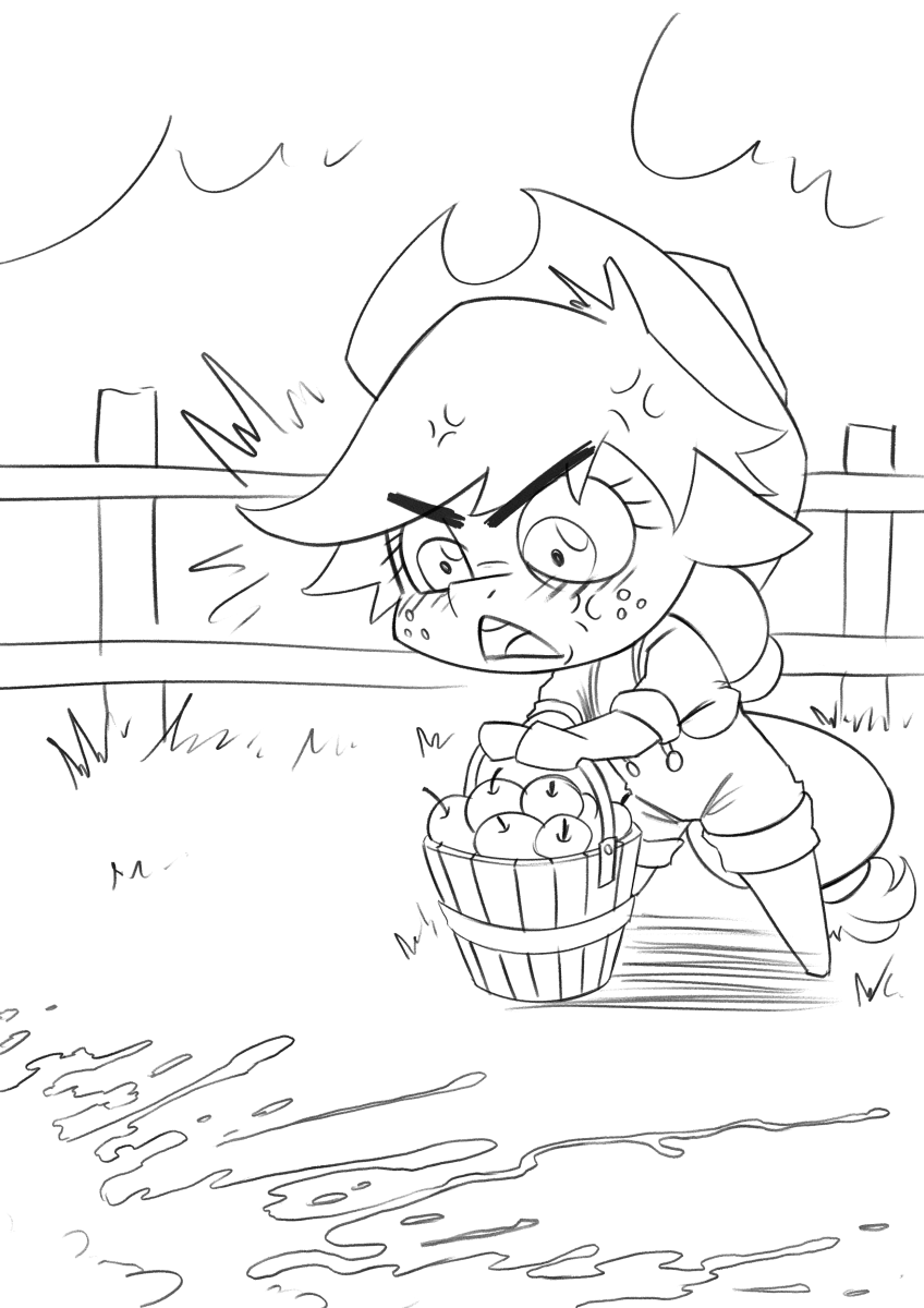 2024 anthro apple applejack_(mlp) black_and_white bodily_fluids bucket chibi chrysalisdraws clothed clothed_anthro clothed_female clothing container cross-popping_vein cum cum_on_ground earth_pony equid equine excessive_cum excessive_genital_fluids female food friendship_is_magic fruit genital_fluids hasbro hi_res horse mammal monochrome my_little_pony plant pony solo standing tail wearing_hat