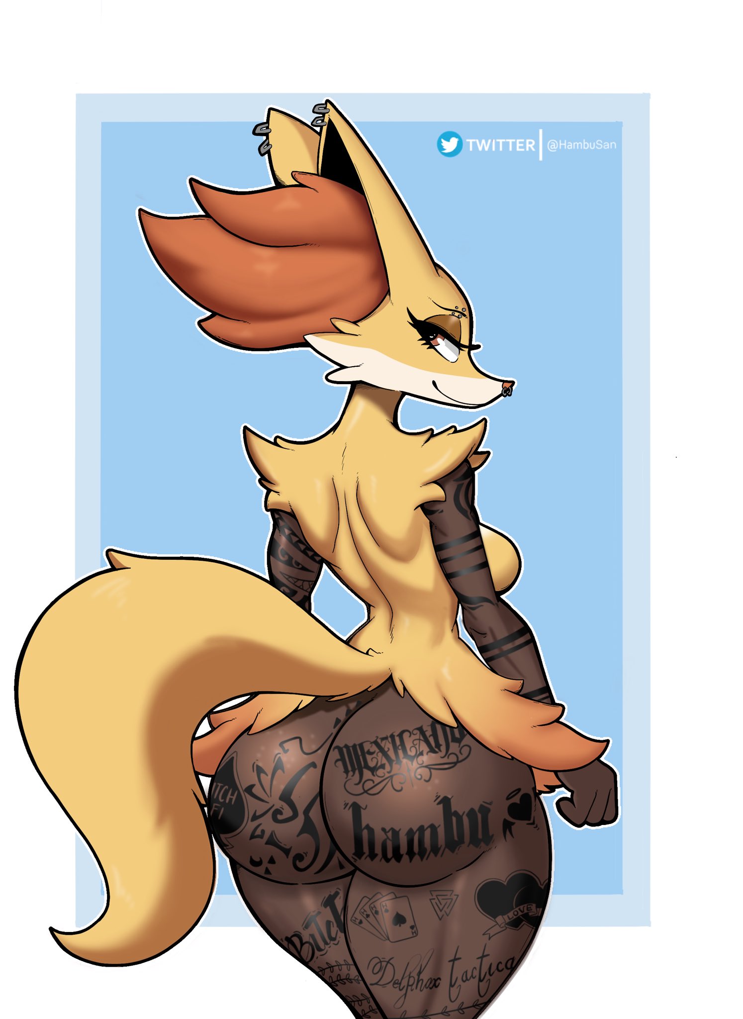 anthro, anthro only, ass, braixen, female, female only, furry, furry only, hambusan, hi res, looking back, looking back at another, nintendo, pokemon, pokemon (species), presenting, presenting ass, solo, solo female, tattoo