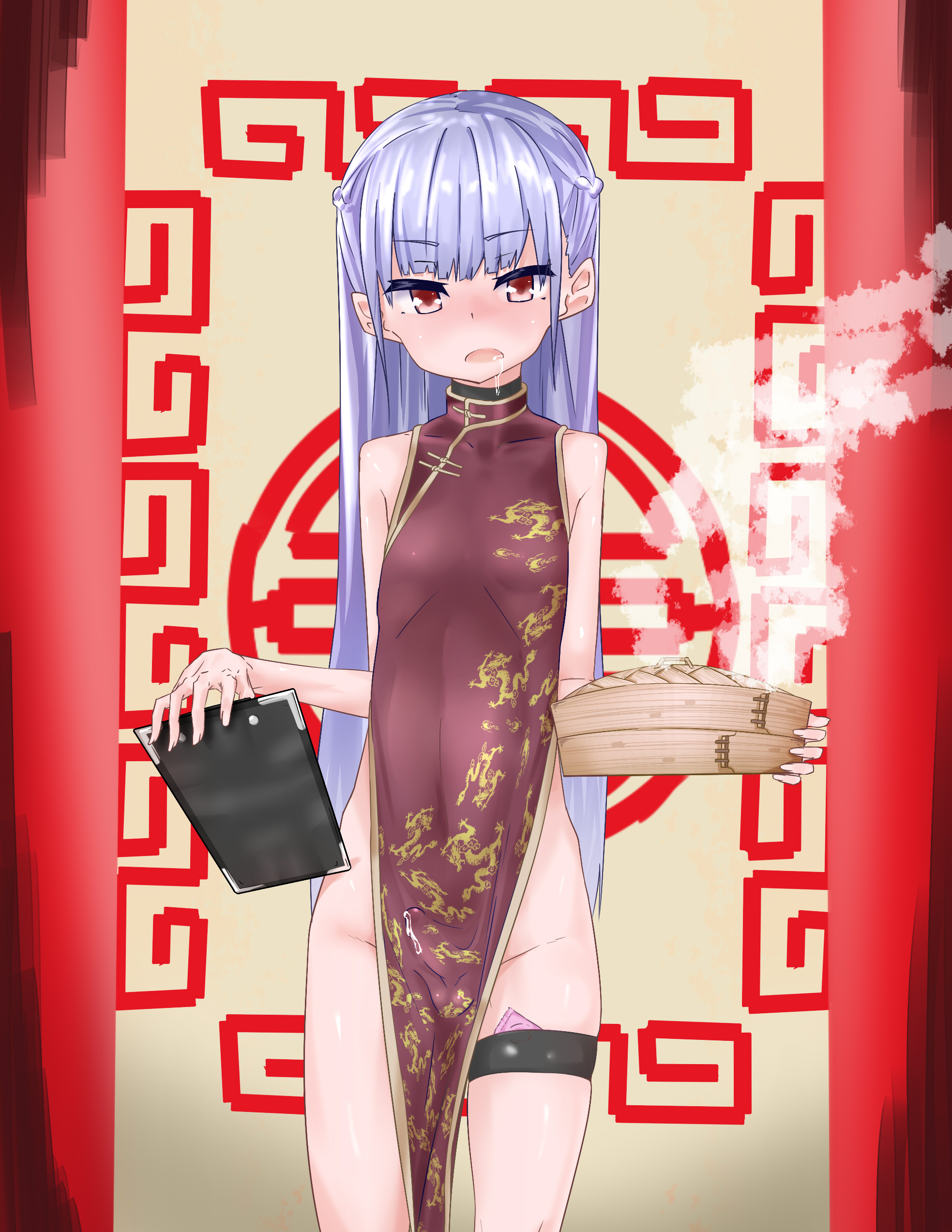 1boy, androgynous, blue hair, blush, bulge, china dress, chinese clothes, condom, crossdressing, dress, erection, erection under clothes, femboy, fure-tan, girly, highres, long hair, looking at viewer, male, no panties, no underwear, original, penis, penis under dress, precum, silver hair, solo, thigh strap, trap