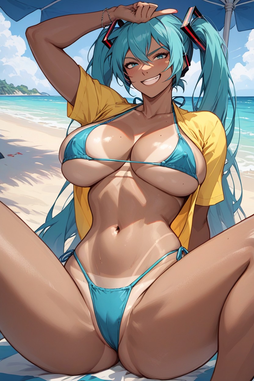 ai_generated beach bikini blue_bikini blue_eyes blue_hair brazilian_miku freiz_ai hatsune_miku huge_breasts tanned tanned_female tanned_skin vocaloid