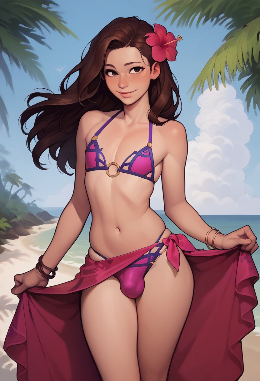 1boy ai_generated androgynous beach bikini brown_hair bulge curvy femboy flower_in_hair long_hair looking_at_viewer male_only pink_bikini scathach_(fate)_(cosplay) smile truep81_(artist)