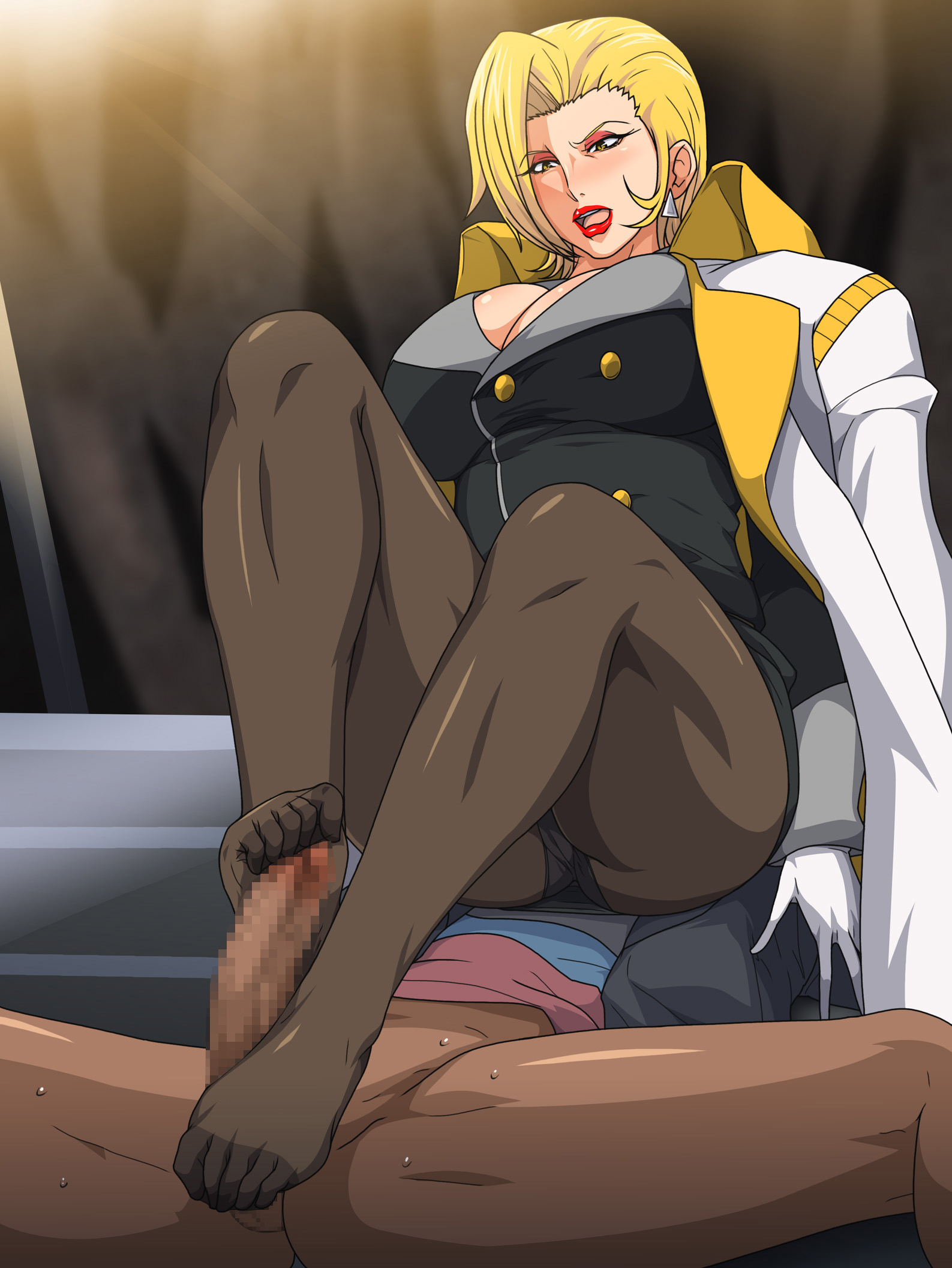 1boy, blonde hair, censored, charlemagne (monsuno), feet, female, femdom, footjob, gureko rouman, lipstick, male, pantyhose, sheer legwear, toejob, toes