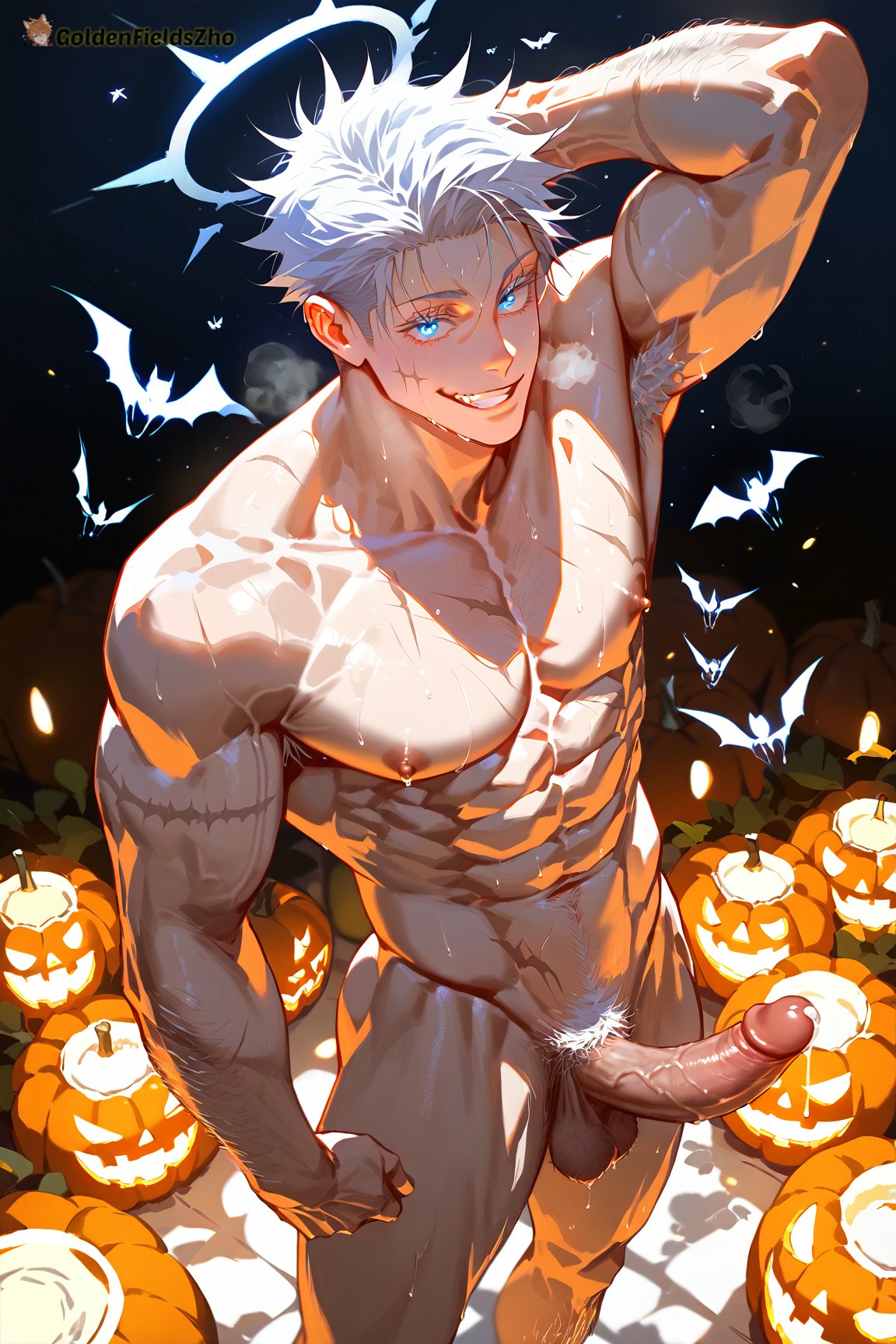 1boy abs ai_generated armpit_hair bara bat_(animal) black_hair black_hair_bottom blue_eyes bush bushy_pubes completely_nude domination erection gay genital_fluids genitals goldenfieldszho hair hairy hairy_armpits hairy_arms hairy_balls hairy_male halloween halo jack-o'-lantern jujutsu_kaisen large_pectorals light_hair_on_dark_hair looking_at_viewer male_focus male_only male_pubic_hair muscular muscular_male naked naked_male navel navel_hair nipples nude pectorals penis precum precum_drip precum_on_penis precum_string pubic_hair pumpkin satoru_gojo scar scar_on_arm short_hair smile solo sweat sweatdrop sweating sweaty sweaty_balls sweaty_body sweaty_genitalia sweaty_legs sweaty_thighs testicles thick_thighs thighs uncensored vein veins veiny veiny_arms veiny_muscles white_hair white_hair_on_black_hair white_hair_top yaoi