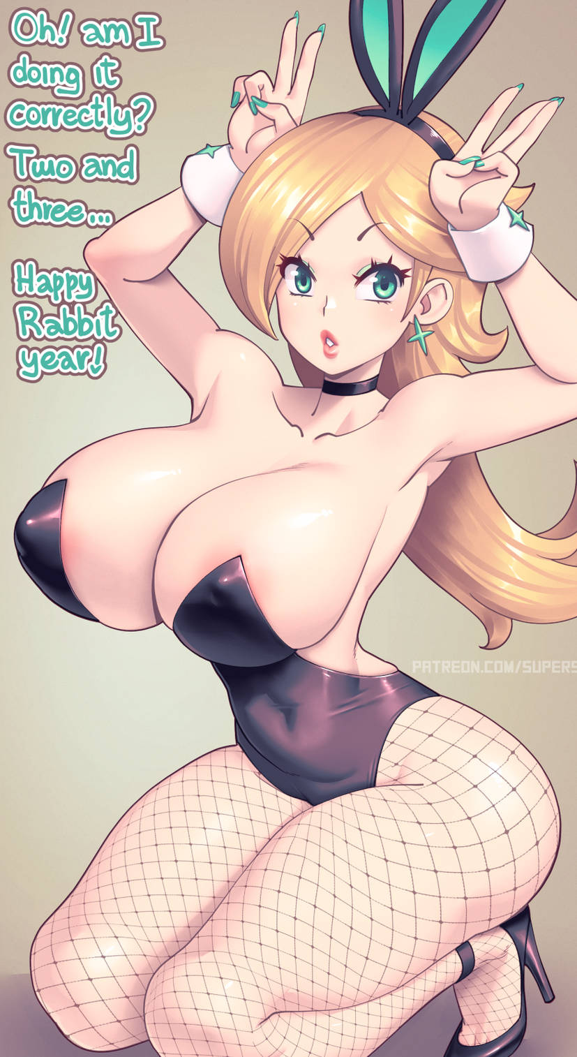 1girls big_breasts black_leotard blonde_hair breasts bunny_ears bunnysuit choker earrings english_text fake_animal_ears fishnets green_eyes high_heels kneeling large_breasts leotard long_hair looking_at_viewer mario_(series) nintendo painted_fingernails playboy_bunny princess_rosalina star_earrings supersatanson text wrist_cuffs