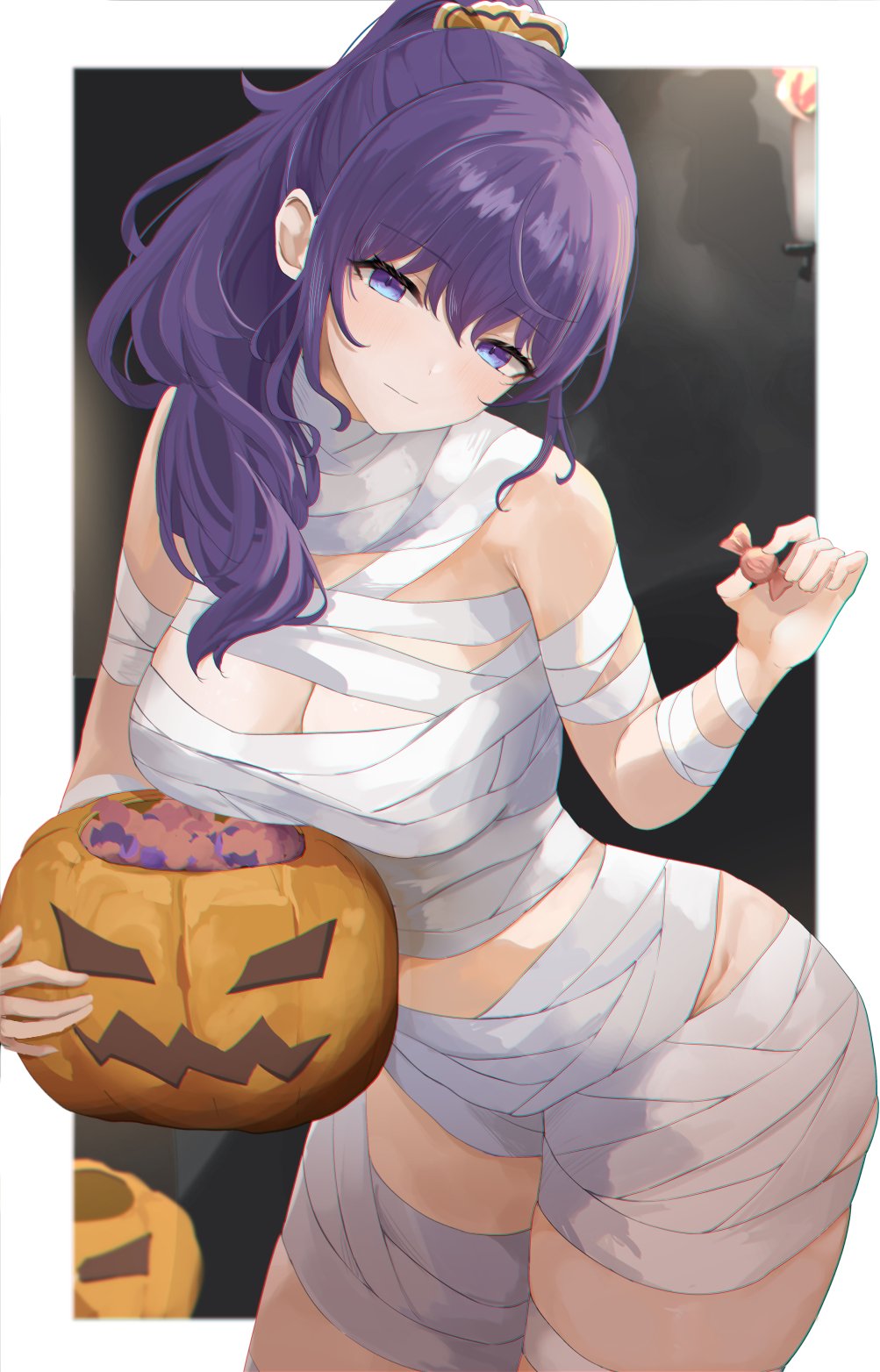 asahina_mafuyu bandage big_ass big_breasts blush candy halloween head_tilt hourglass_figure looking_at_viewer ponytail project_sekai pumpkin purple_eyes purple_hair slight_smile white_background