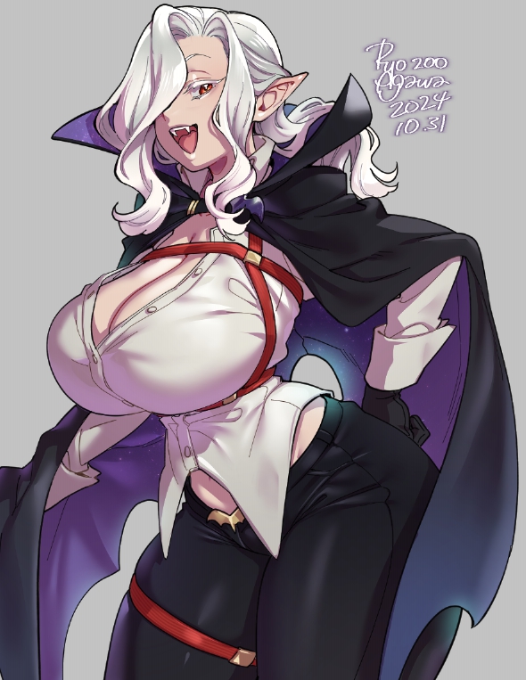 big_breasts fangs huge_breasts looking_at_viewer pale-skinned_female ryo_agawa thick_thighs vampire white_hair